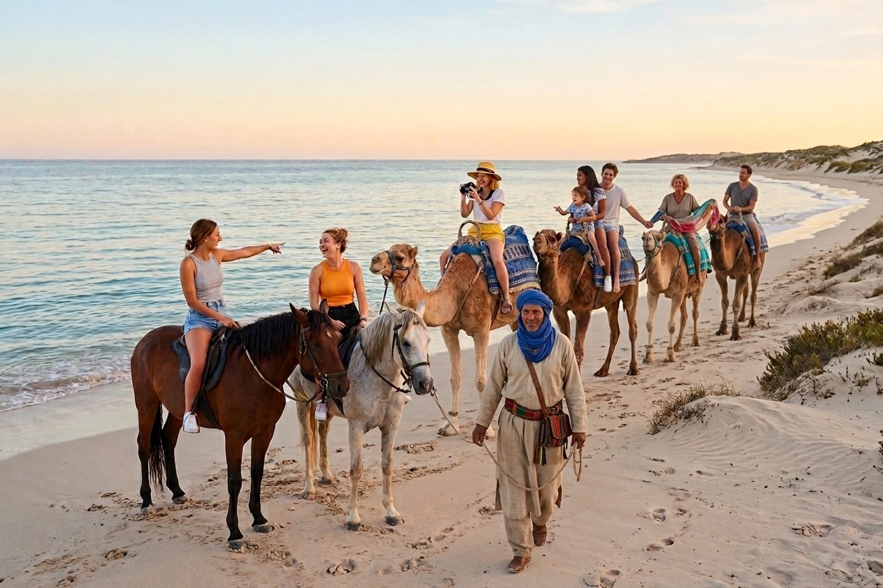 Riders on camels crossing the sand beside the sea at El Mansoura
